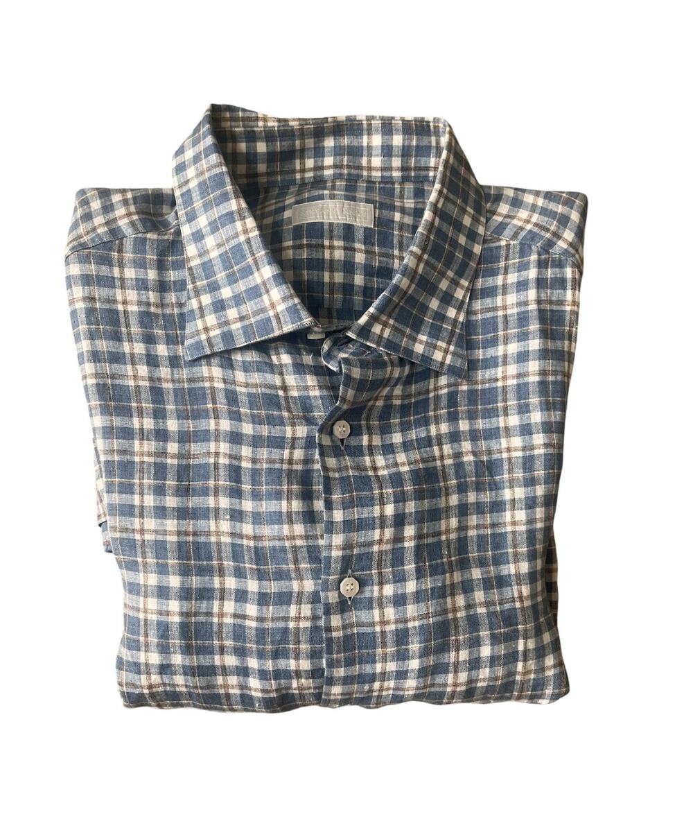 $995 NWT Stefano Ricci Blue Plaid Window Pane 100% Linen Dress Shirt Size 18(46)